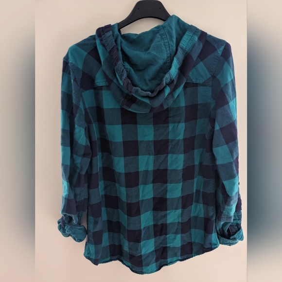 Columbia Plaid Button Down Cotton Hooded Shirt Teal Navy Blue Size S - Picture 2 of 7